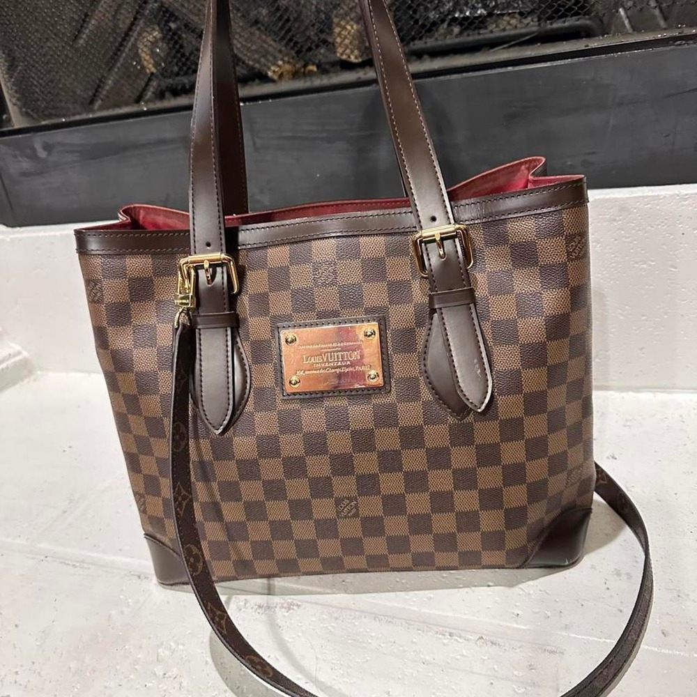 Louis Vuitton Damier Ebene Hampstead Tote Brown Checkered Canvas Gold Plaque Bag